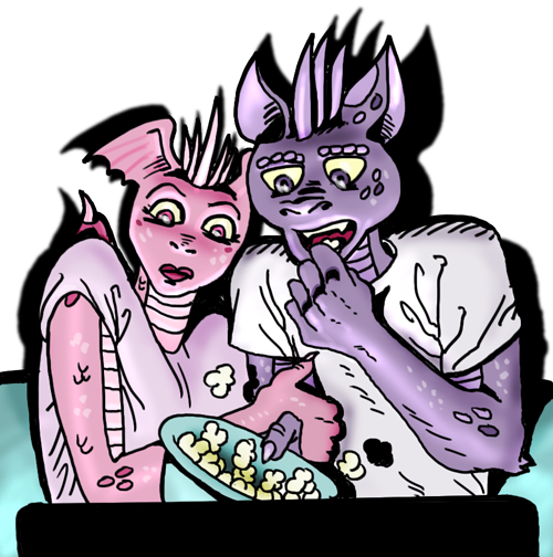 Illustration of young dragons, Molly and Phil, watching a scary movie