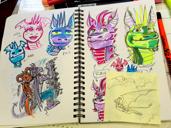 Photo of a spread from the Dragon Camp sketchbook featuring drawings of dragons Molly, Nate, Phil, Sammie, Raif and Max.