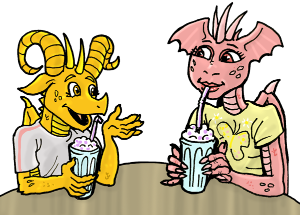 Art of Dragons Sammie and Molly socializing while sipping smoothies