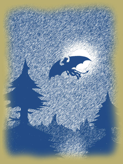 Art of dragon in flight shadowed against the moon in a woodsy night sky. Done in pen-and-ink style.