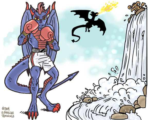 Raif in boxing gear, flying dragon, waterfall illustration