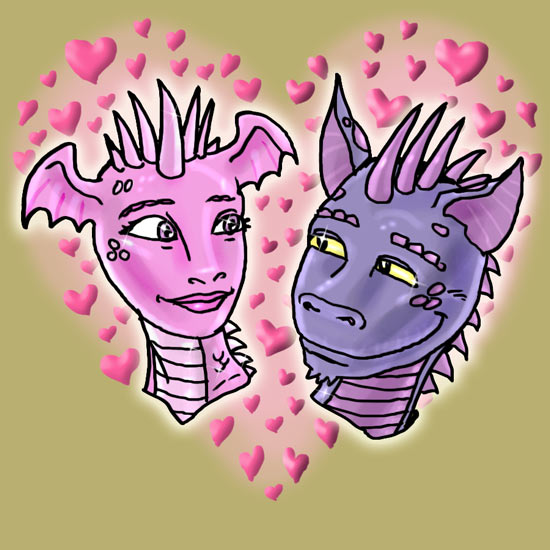 Face art of Molly and Phil dragons surrounded by valentine hearts