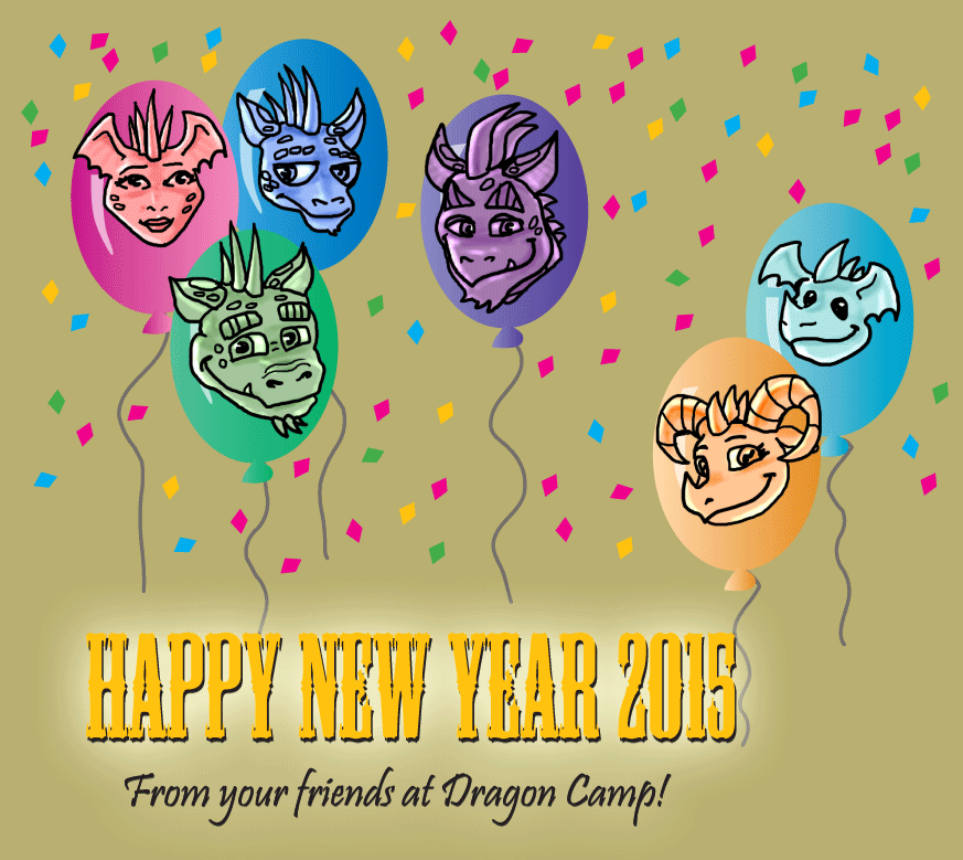 Art of Dragon Camper Faces on Balloons surrounded by confetti with a Happy New Year Greeting