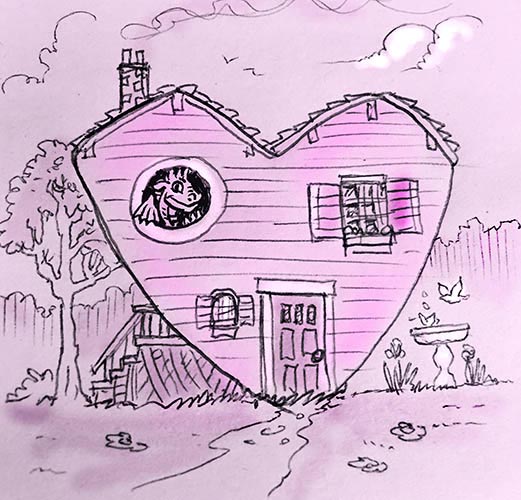 sketch of heart-shaped house with dragon in one window