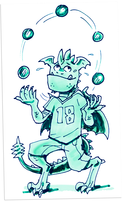Sketch Art of Nate the Dragon juggling with 5 balls in the air