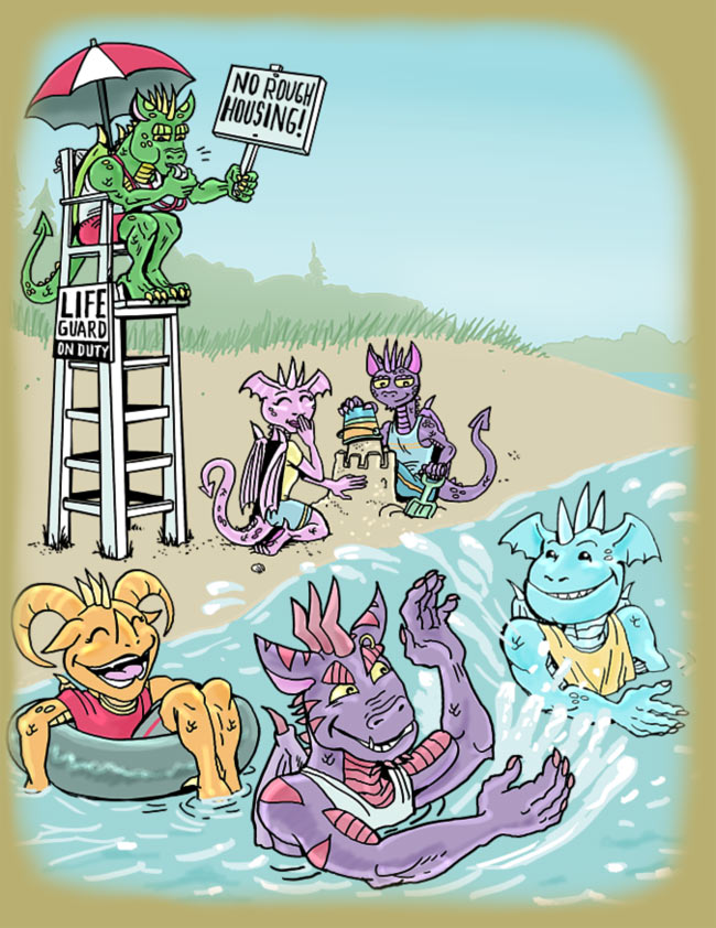 Illustration of Dragon Campers enjoying a day at the beach while Max is Life Guard.