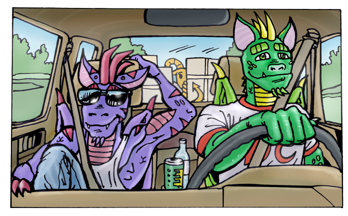Art of Raif and Max (teen dragons) on a road trip.