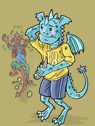 Illustration of Nate the Dragon holding the broken horn he accidentally tore off a friend in a fight