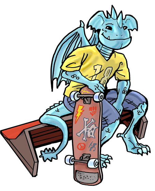 Nate the dragon with skateboard