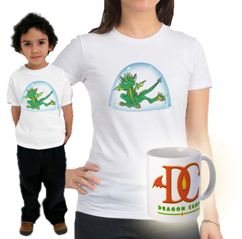 photos of Max Bubble T-shirt in adult and child sizes and of the Dragon Camp Logo Mug from the Dragon Camp Store