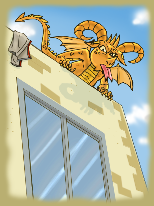 Illustration of Dragon Sammie on top of School Roof, sticking out her tongue