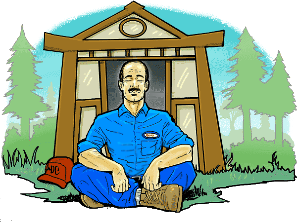 Art of Mr. Yuni meditating outside his hut in the woods.
