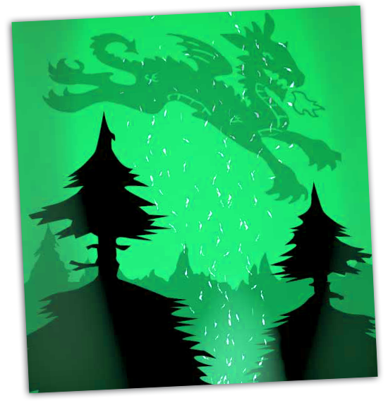Green-Hued Earth Day Art teaser of Final Dragon Camp Cover Design elements that includes stylized rampant dragon ghosted against a burnt woodsy sky with pine tree outlines in the foreground.