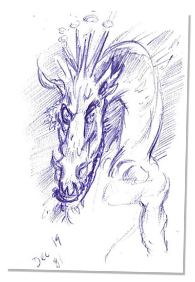 Doug's 1981 sketch of an evil looking dragon face atop a human torso.
