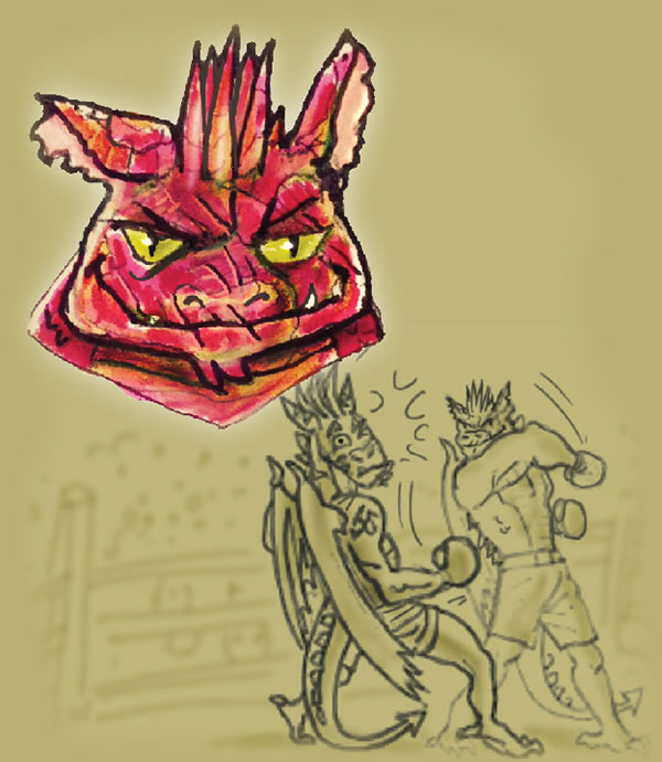 Color character sketch of Needles, a malevolent red dragon face with background sketch of Raif and Needles boxing