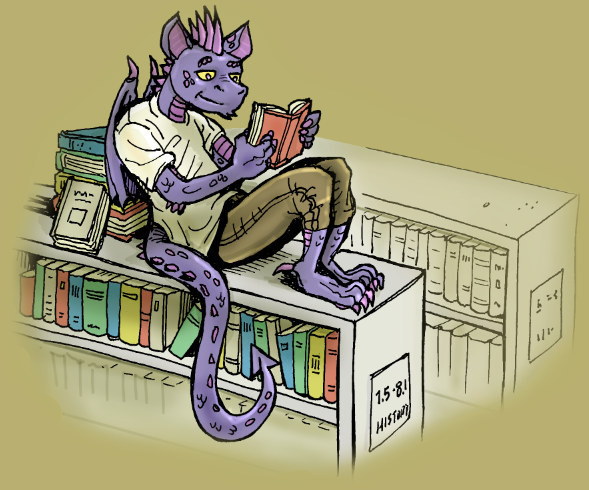 Art of Phil the Dragon reading a book on top of the Library shelf